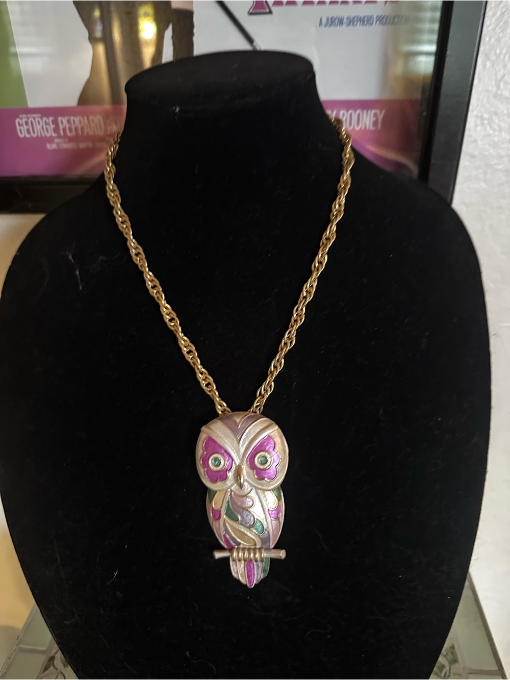 Vintage Gold Owl Pendant Necklace with Pink & Green Enamel 70s boho
